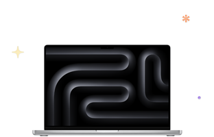 MacBook Pro, silver color, black keyboard, multicolored stars and dots in background