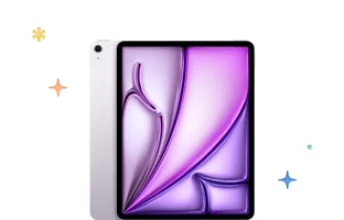 iPad Air, back exterior, purple color, front exterior, multicolored stars and dots in background