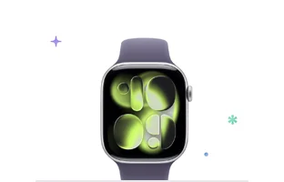 Apple Watch Series 11, purple fog color Sport band, silver aluminum case, multicolored stars and dots in background