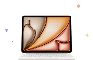 iPad Air 11-inch, starlight color, top exterior, thin black bezel, attached to Magic Keyboard, white color, multicolored stars and dots in background