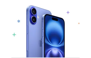 iPhone 16, ultramarine color, multicolored stars and dots in background