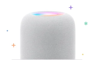 HomePod, white color, multicolored stars and dots in background