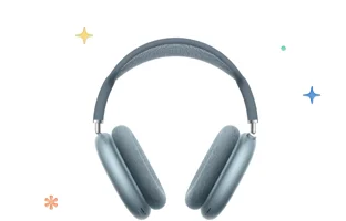 AirPods Max, blue color, over-ear headphones, multicolored stars and dots in background