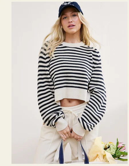 Ready For Anywhere Hi Lo Sweater in Nocturnal Navy Stripe