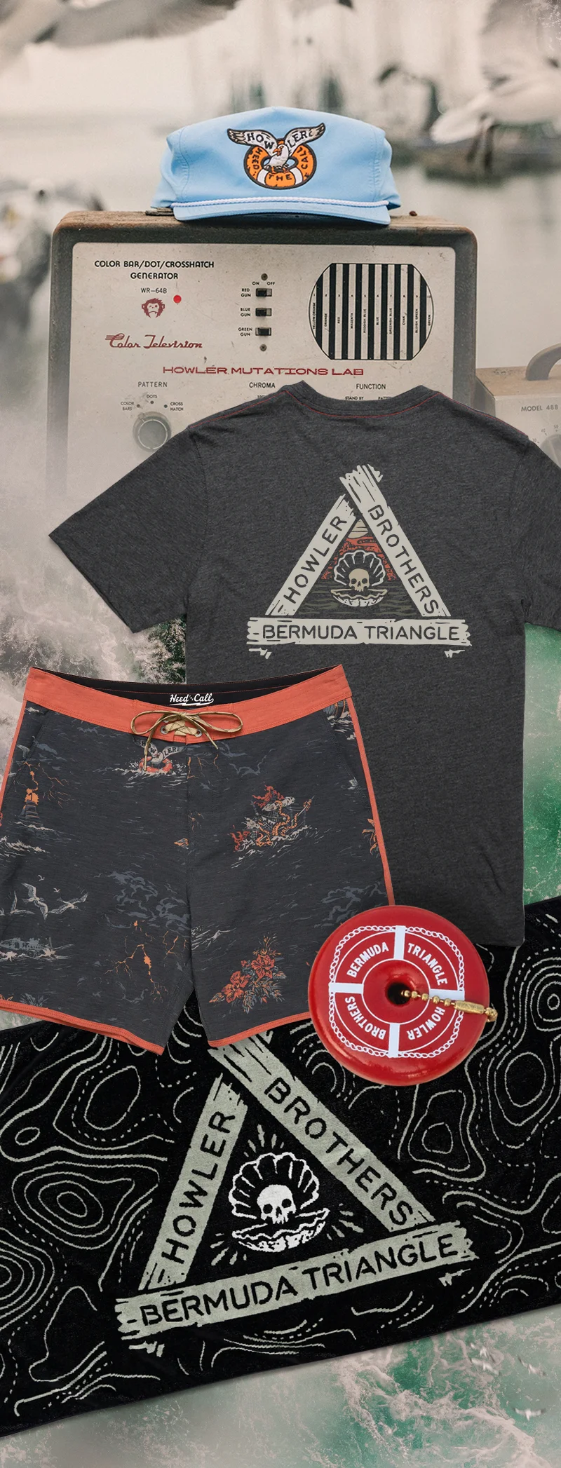 Bermuda Triangle Towel, Keychain, Boardshorts, and T-Shirt