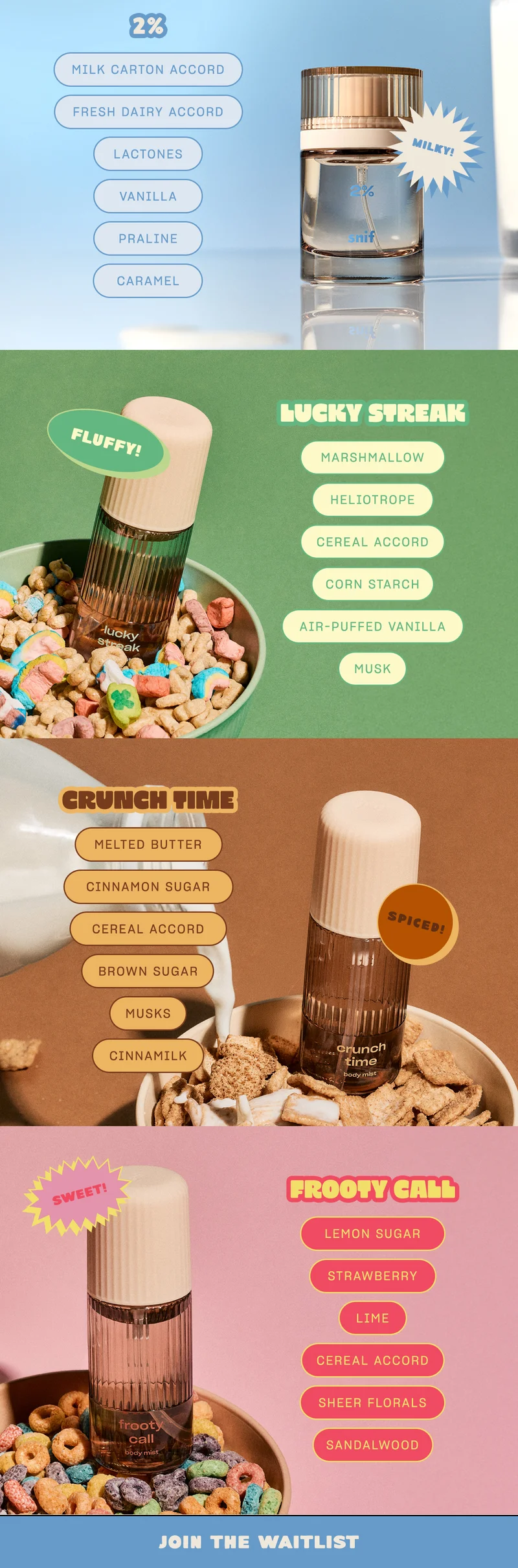 [2% Quadrant]  milk carton accord fresh dairy accord lactones vanilla praline caramel  [Lucky Streak Quadrant] marshmallow heliotrope cereal accord corn starch air-puffed vanilla musk  [Crunch Time Quadrant] melted butter cinnamon sugar cereal accord brown sugar musks cinnamilk  [Frooty Call Quadrant]  lemon sugar strawberry lime cereal accord sheer florals sandalwood