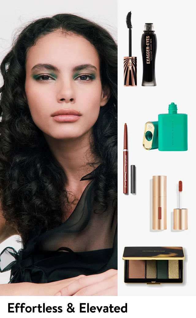 A woman wearing a bold makeup look. Beauty products from Victoria Beckham Beauty, Charlotte Tilbury, MAC Cosmetics and Westman Atelier.