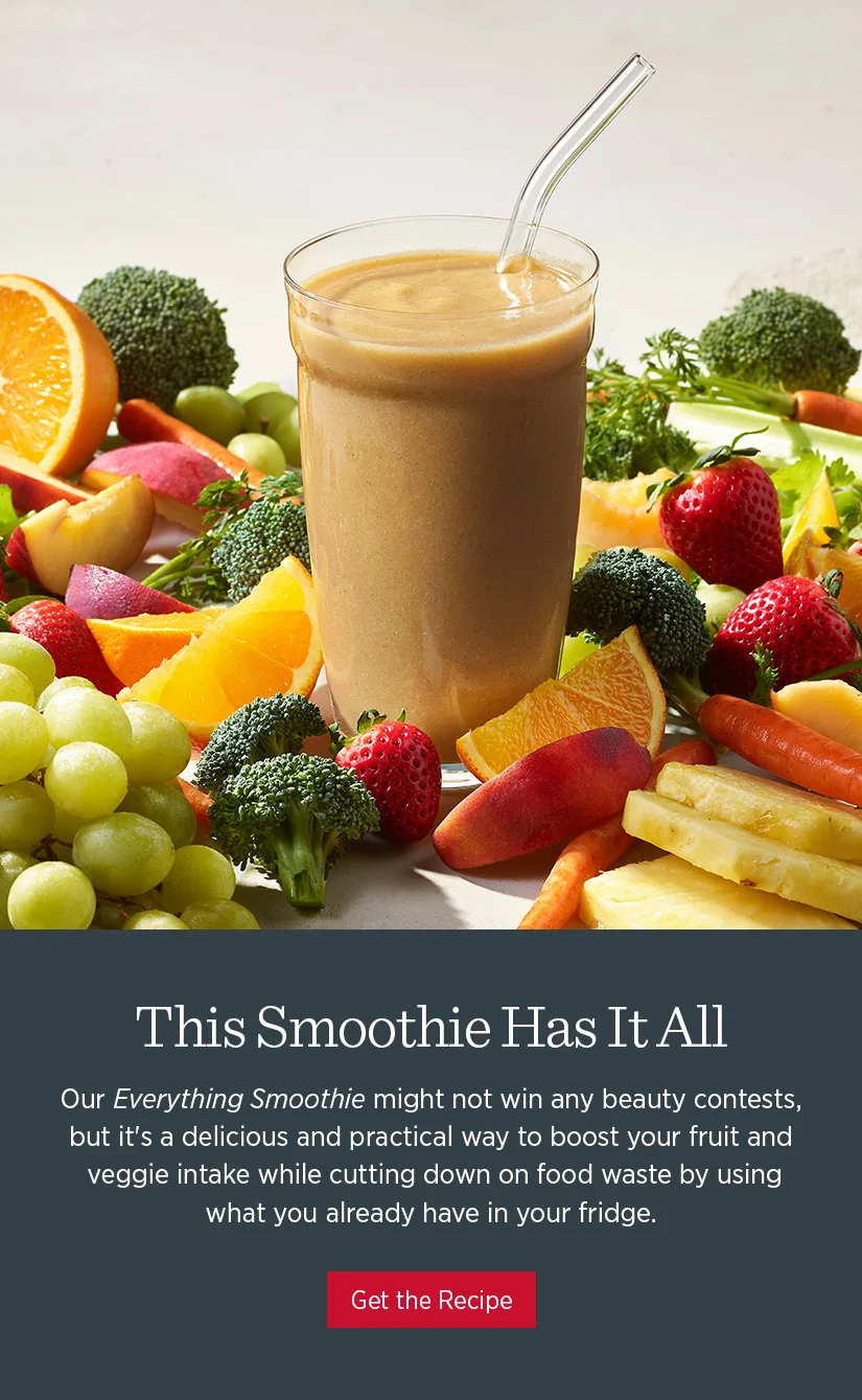 This smoothie has it all. Our Everything Smoothie might not win any beauty contests, but it's a delicious and practical way to boost your fruit and veggie intake while cutting down on food waste by using what you already have in your fridge.