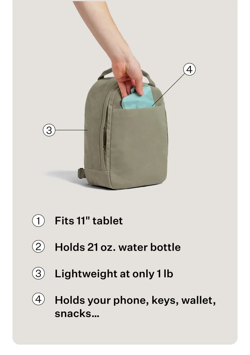Fits 11" tablet  Holds 21 oz. water bottle  Lightweight at only 1 lb  Holds your phone, keys, wallet, snacks…