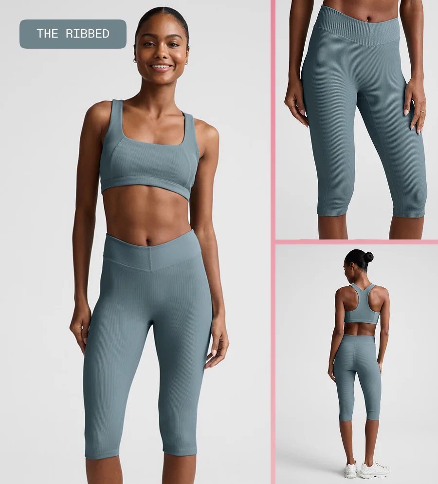 Impulse Ribbed V-Waist Pedal Pusher Legging in Shaken Blue