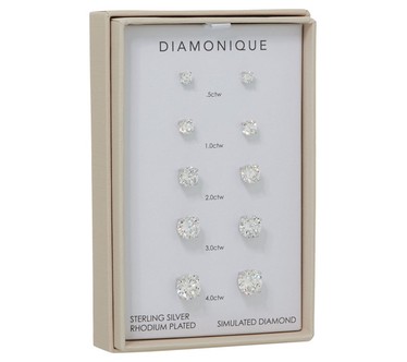 Diamonique Set of 5 Stud Earrings, Sterling or 14K Plated, Boxed