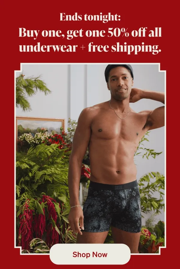 Ends tonight: Buy one, get one 50% off all underwear + free shipping.