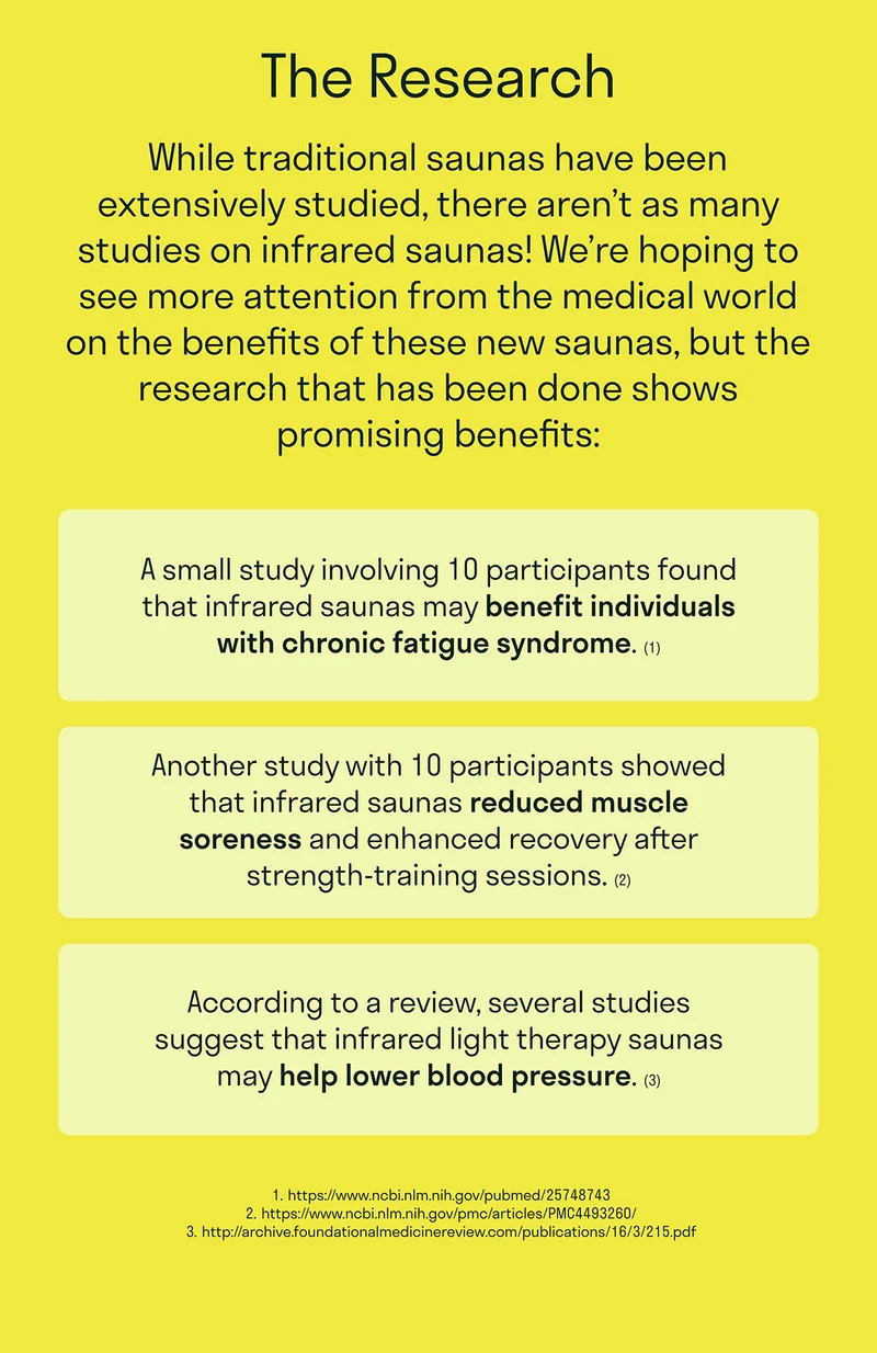 The Research. While traditional saunas have been extensively studied, there aren’t as many studies on infrared saunas! We’re hoping to see more attention from the medical world on the benefits of these new saunas, but the research that has been done shows promising benefits:.