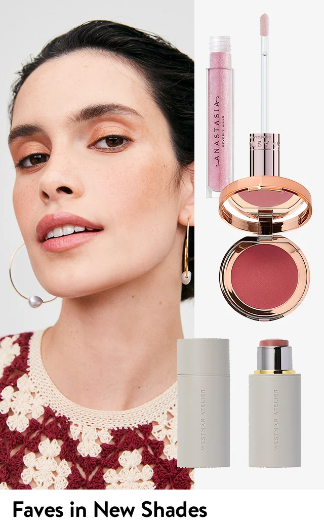 A woman wearing summer makeup; a collage of makeup products.