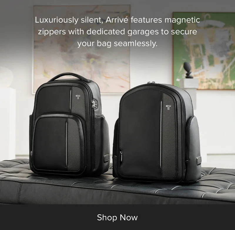 Luxuriously silent, Arrivé features magnetic zippers with dedicated garages to secure your bag seamlessly.