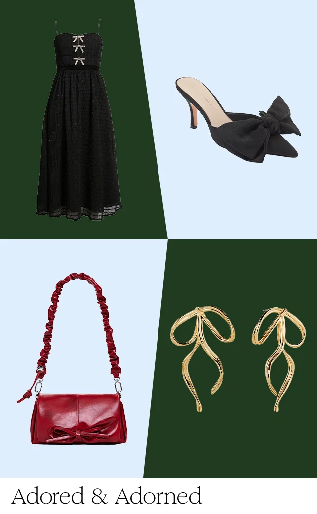 A party dress, handbag, earrings and heels.