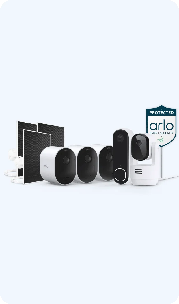 Video Doorbell 2K, Pro 6 Camera (3), Essential Pan-Tilt Indoor Camera, and Solar Panel Charger (3)