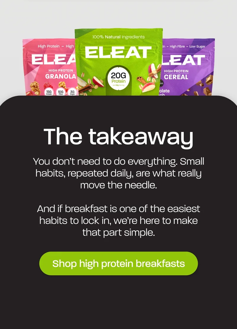 The takeaway. You don’t need to do everything. Small habits, repeated daily, are what really move the needle.  And if breakfast is one of the easiest habits to lock in, we’re here to make that part simple.