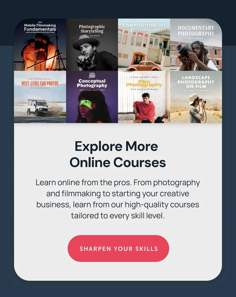 Explore more online courses Learn online from the pros. From photography and filmmaking to starting your creative business, learn from our high-quality courses tailored to every skill level. Sharpen Your Skills