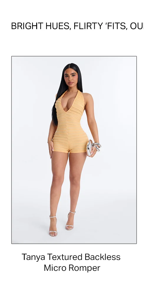 Woman in bright yellow Tanya Textured Backless Micro Romper, silver heels, and clutch on white. Promoting flirty new arrivals.