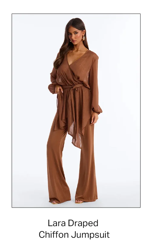 Model wearing a rich brown Lara draped chiffon jumpsuit, featuring a V-neck, elegant tie waist, and flowy wide-leg pants. Promote this style.