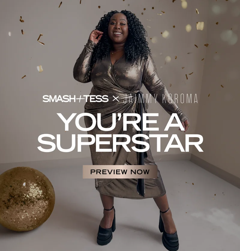 Jaimmy Koroma wearing metallic dress with text 'you're a superstar'
