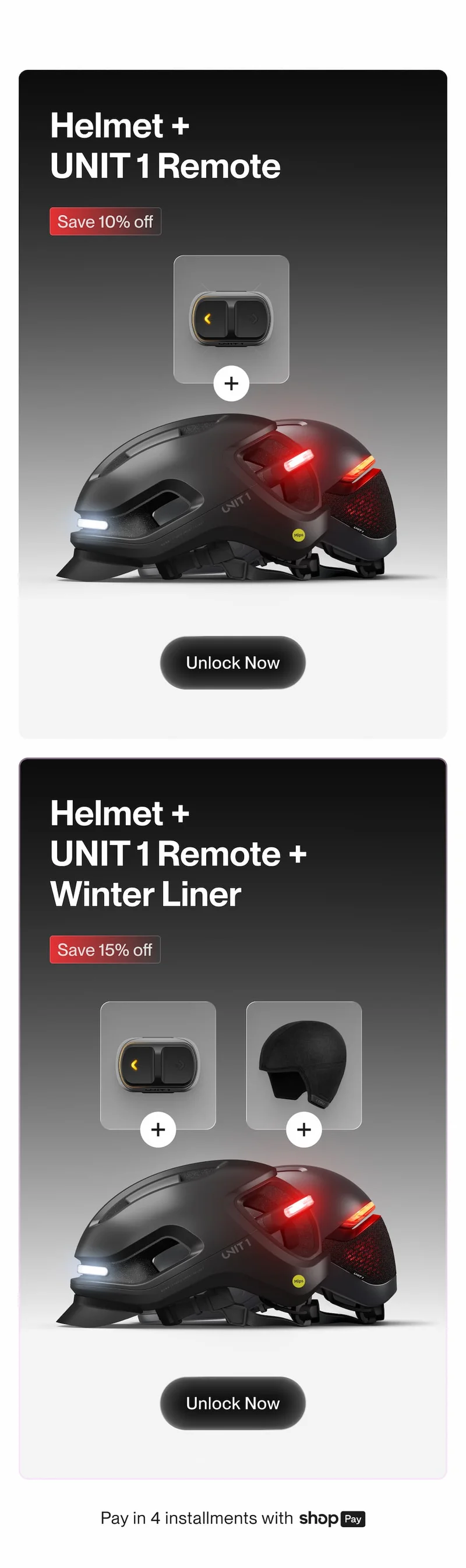 UNIT 1 helmet bundle offers – Helmet + Remote save 10%. Helmet + Remote + Winter Liner save 15%. Smart helmet with integrated front and rear lights. Unlock now.
