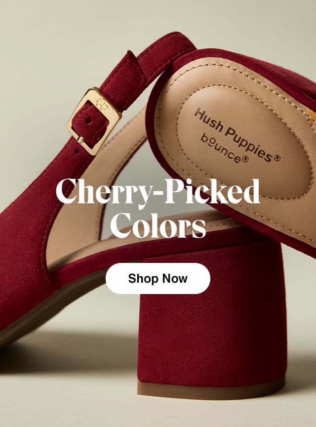 A close-up of the block heel, slingback buckle strap, and BounceTM cushioning on the Movena Pump in red suede. The email says Cherry-Picked Colors. Shop Now.