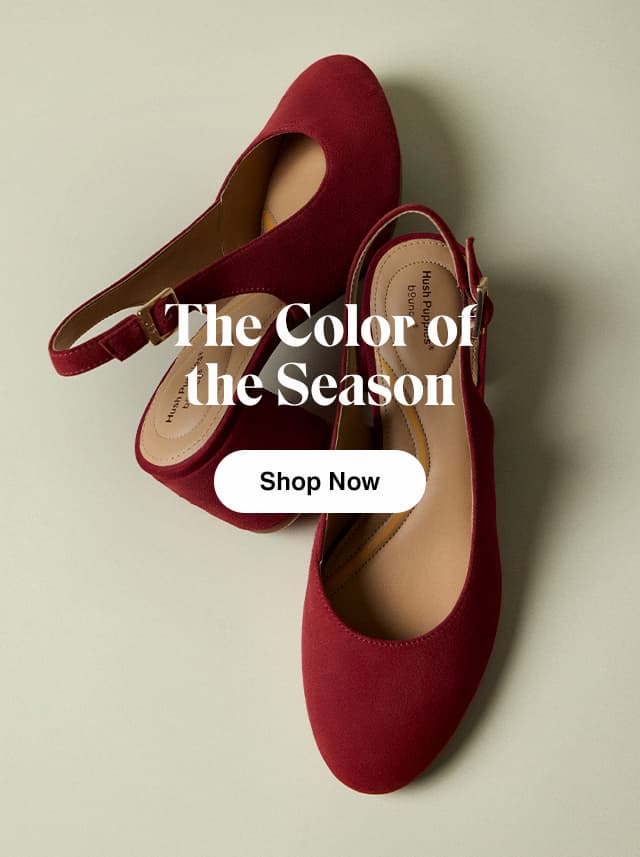 A pair of the Movena Pumps in Red suede designed with an almond toe, slingback strap, and comfy cushioning. The email says The Color of the Season.