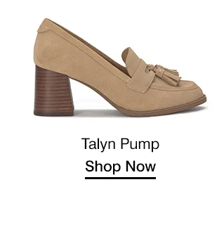 A side view of the Talyn Pump in Light Tan suede. Shop Now.