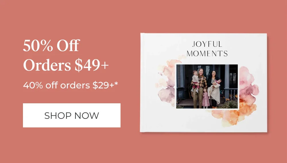 $10 Photo Books, 50% Off $49+, 40% Off $29+, 12 Free Thank You Cards