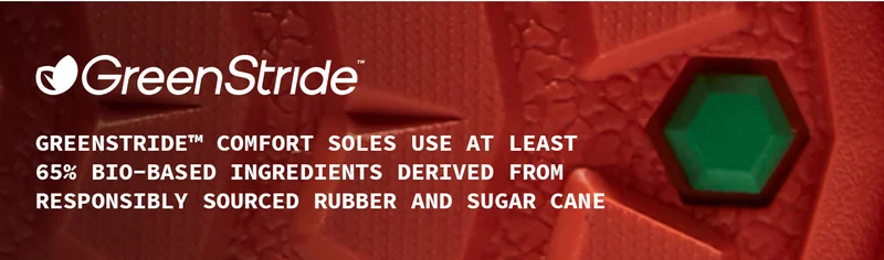 GreenStride comfort soles use at least 65% bio-based ingredients derived from responsibly sourced rubber and sugar cane.