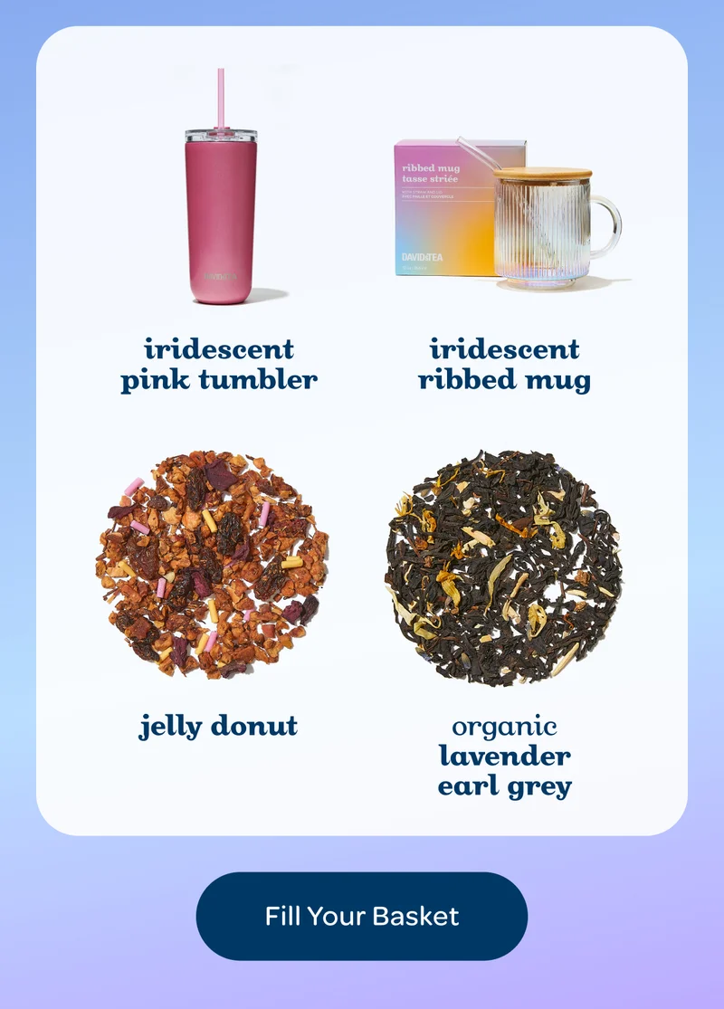 Iridescent pink tumbler, Iridescent ribbed mug, Organic lavender earl grey, Jelly donut - Shop now