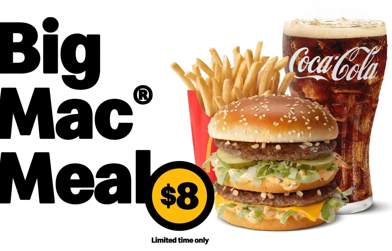 Extra Value Meals featuring an $8 Big Mac (limited time only), QPC, McCrispy, 10 piece McNuggets, $5 Sausage McMuffin with Egg (limited time only), Sausage, Egg & Cheese McGriddles, Egg McMuffin, Bacon, Egg & Cheese Biscuit.
