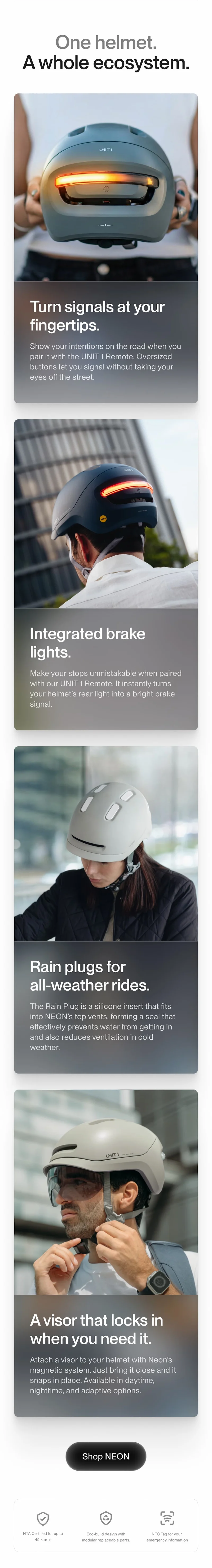 NEON ecosystem features collage: turn signals, integrated brake lights, rain plugs, visor that locks in, plus “Shop NEON” button.