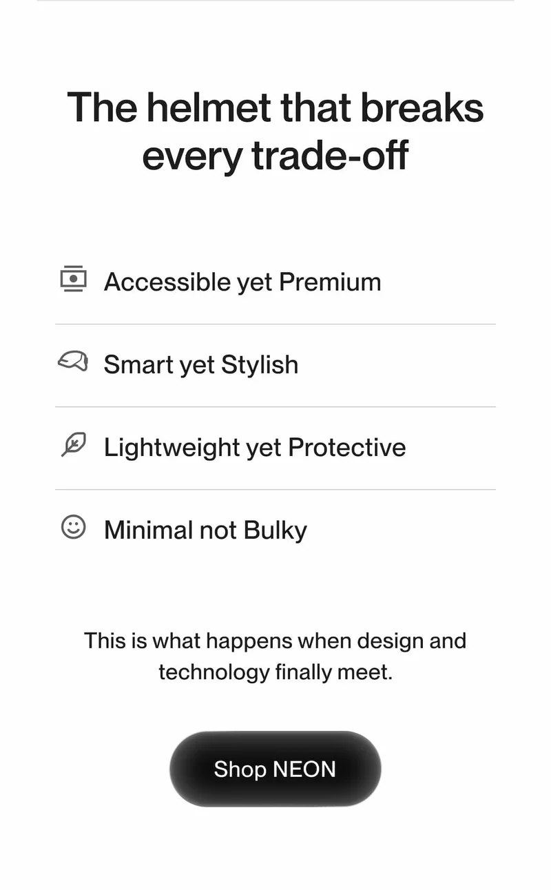 Feature list graphic: “NEON breaks every trade-off” with bullets Affordable yet Premium, Smart yet Stylish, Lightweight yet Protective, Minimal not Bulky, and “Rated 5 stars by Virginia Tech.”