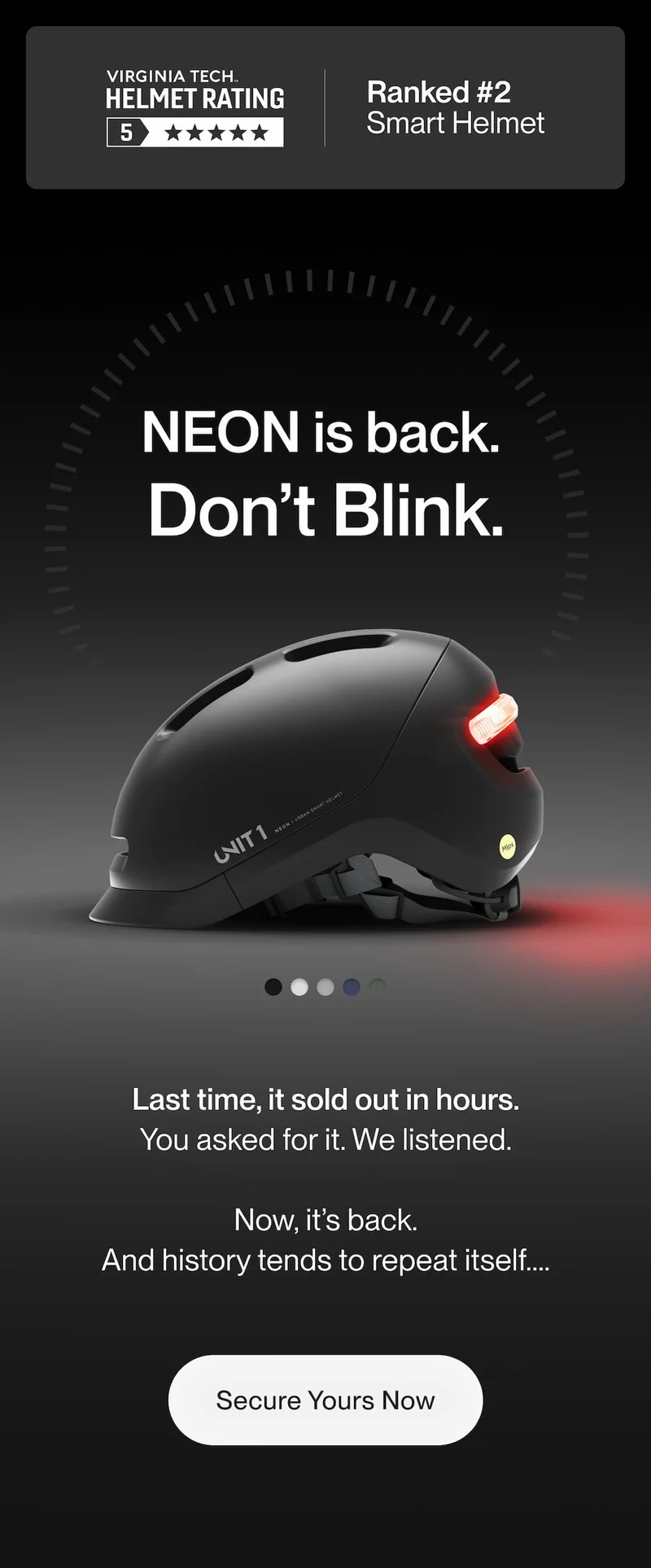 NEON back in stock announcement with product side profile, copy “It sold out in hours. 2,000+ riders didn’t wait.” and “Bundle & Save” button.