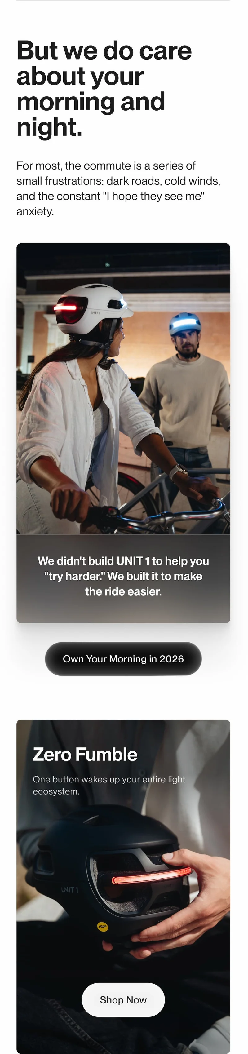 Two riders wearing UNIT 1 smart helmets at night highlighting easier and safer commutes.