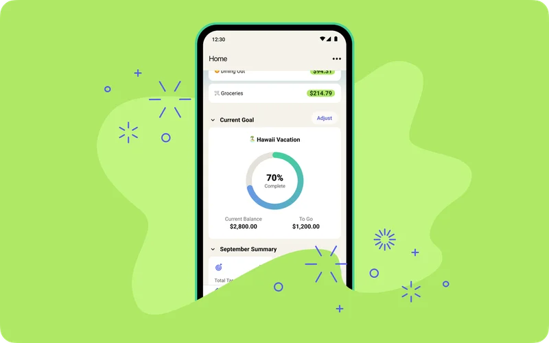 The Home tab of the YNAB app, showing the new 'Current Goal' section. The section shows you specific stats about the goal of your choosing, including percentage complete, current balance, and how much left you have to fund.