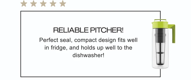Reliable pitcher! | Perfect seal, compact design fits well in fridge, and holds up well to the dishwasher!