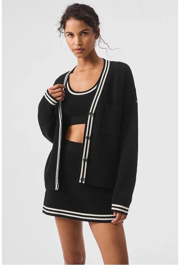 Tennis Club Sweater Knit Cardigan - Black/Ivory - Black/Ivory / S