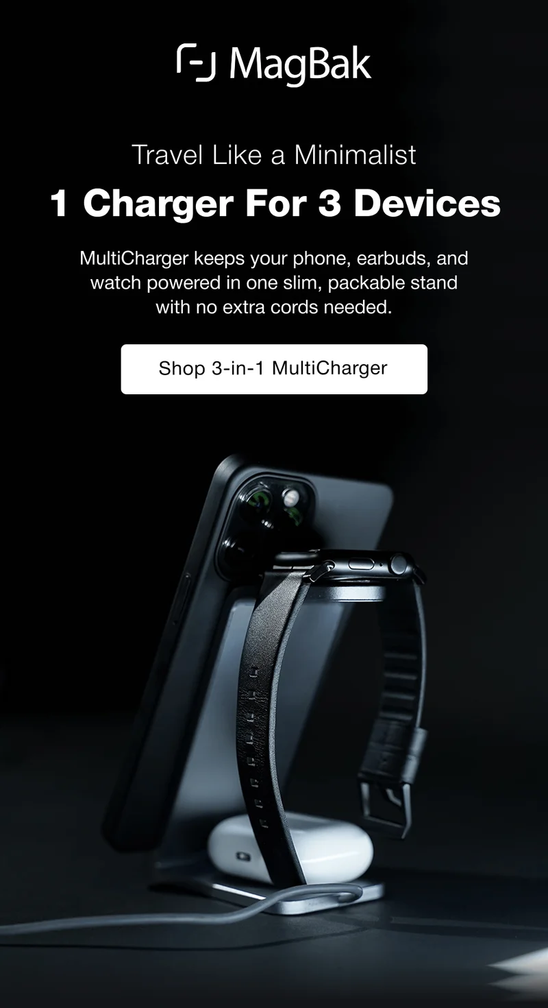 Travel Like a Minimalist 1 Charger For 3 Devices MultiCharger keeps your phone, earbuds, and watch powered in one slim, packable stand with no extra cords needed.
