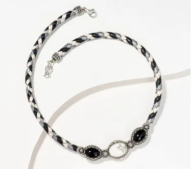 American West Tonal Braided Leather 3-Stone Gemstone & SS Necklace