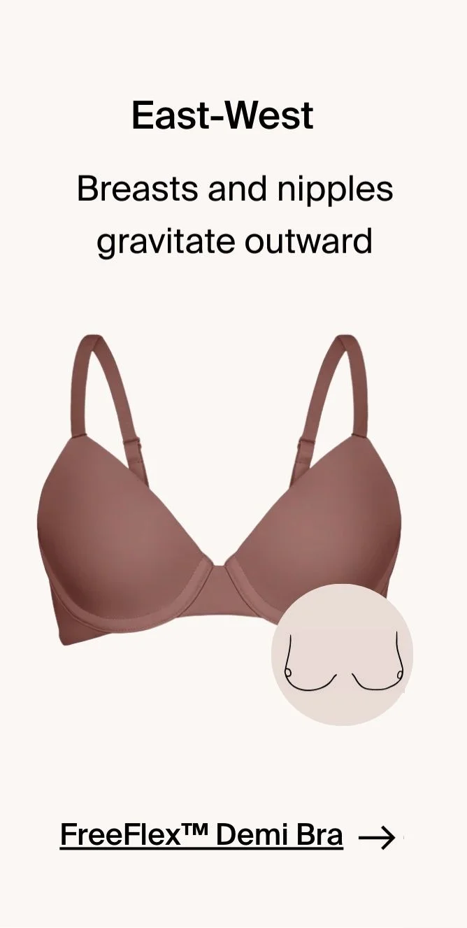 East-West. Breasts and nipples gravitate outward. WingWoman Contour Bra.