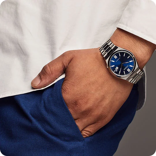 Man wearing “TSUYOSA” Collection Dark Blue watch