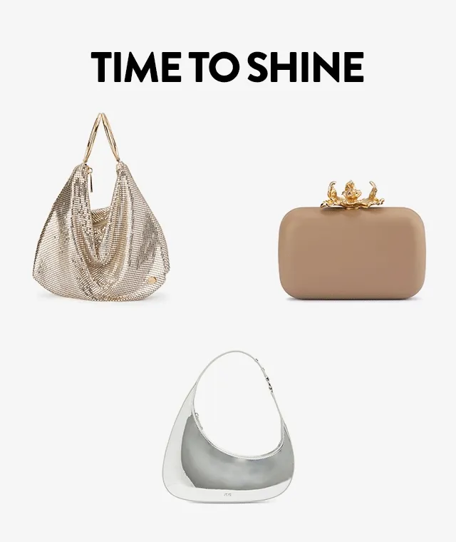 A sequin bag, silver bag, floral-clasp clutch, goldtone bangles, drop earrings and three-strand necklace.