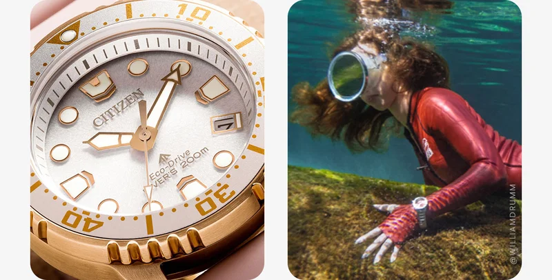 Close up dial of Promaster Dive EO2023-00A. Woman wearing EO2027-50Z while diving.