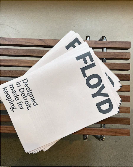 Printed FLOYD broadsheets on an Acton Slat Bench at GW Home.