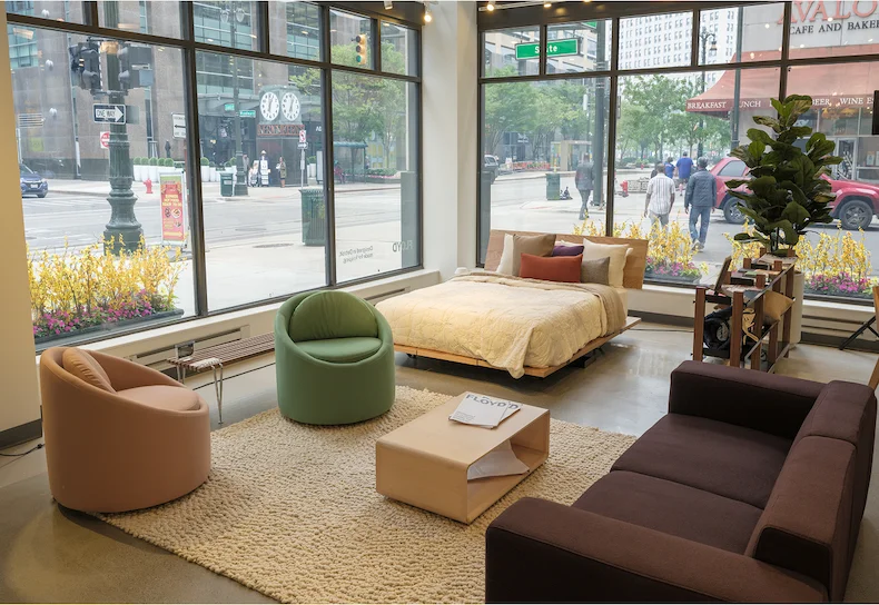 Floyd furniture like the Gere Easy Chair, Acton Slat Bench, Form Sectional, Bed Frame, and Shelving are on display at GW Home in Downtown Detroit