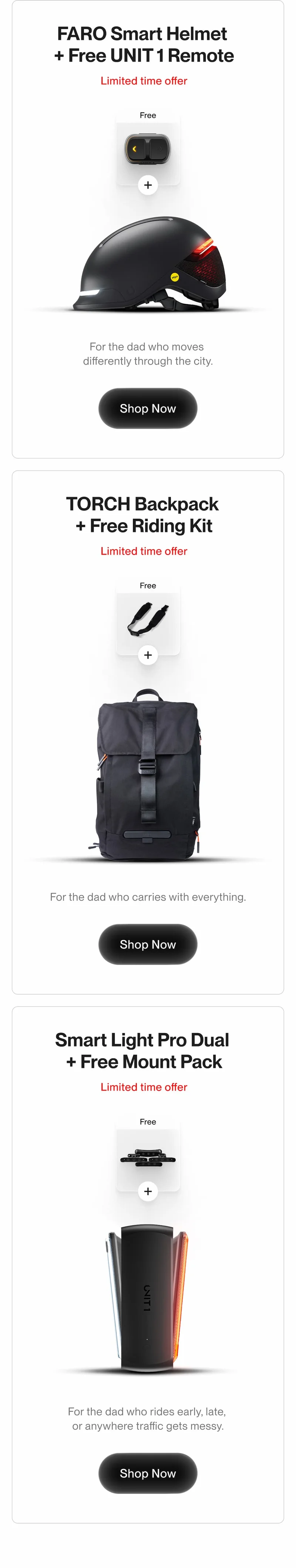 Father’s Day bundles: FARO helmet, TORCH backpack, or Smart Light Pro Dual with free extras.